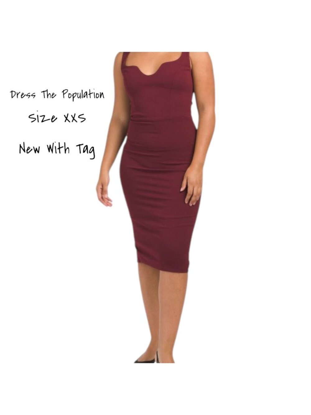 Dress the Population Sloane Midi Dress Burgundy XXS NWT Sweetheart Neckline New
